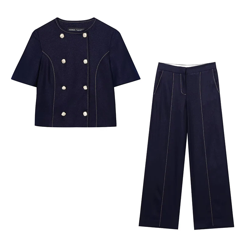 

RAFZNB Bright Line Decoration Straight Pants Sets for Women Short Sleeved Double Breasted Coats Two Piece Set Women Outfits