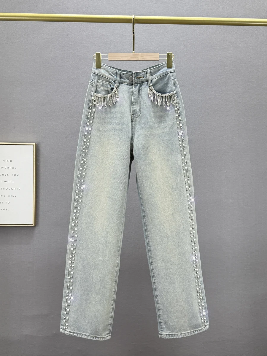 

High Waist Straight Leg Jeans Women's Spring New Loose Slim Diamond Embellied Tassel Extended Length Denim Pants