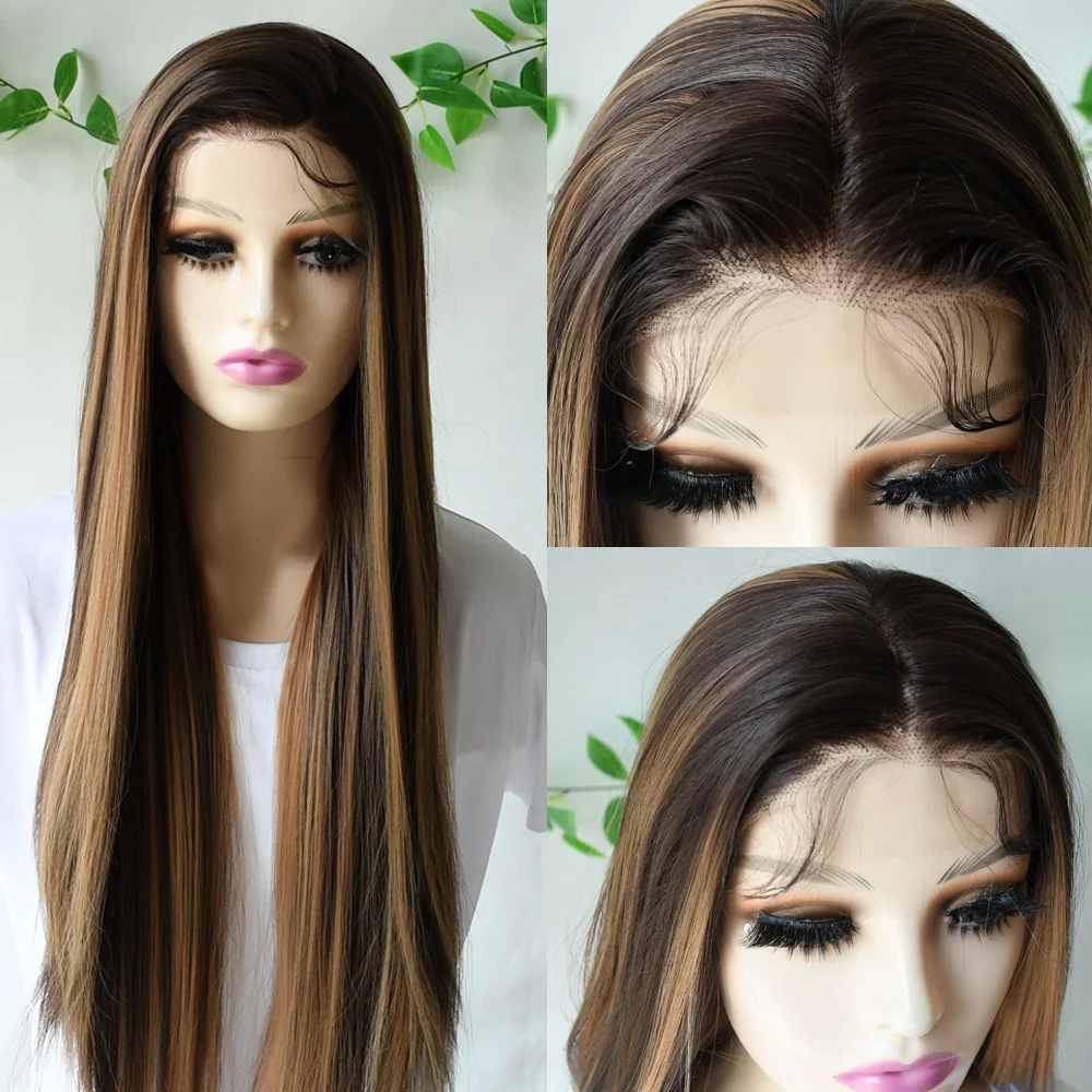 Long Straight Highlight Blonde Wig 13x4 Synthetic Lace Frontal Wigs Hd Lace Glueless Lace Front Wig For Black Women