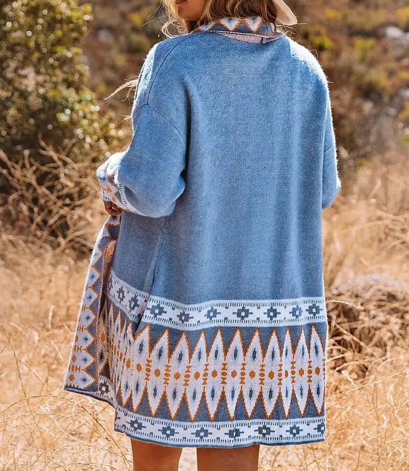 Cardigan Sweater for Women, Boho Geometric Print Cardigan Sweater, Loose Mid-Length Knitted Jacket