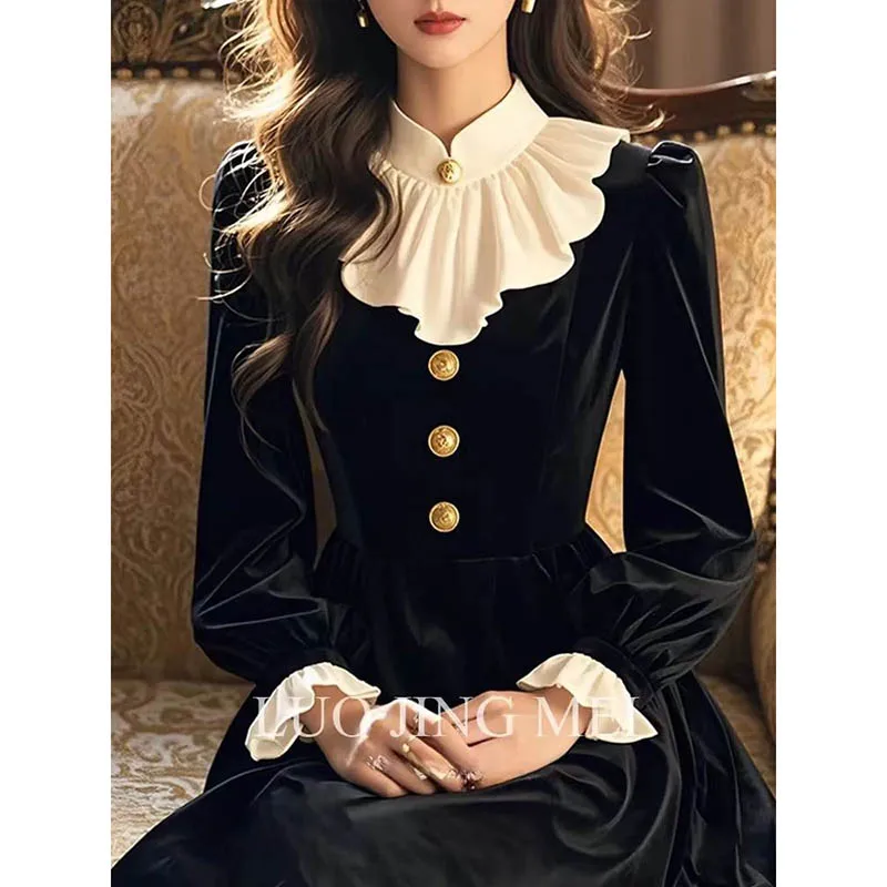 

Ladies Autumn And Winter New Design Sense Dignified Atmosphere High Sense Solid Color Velvet Party Office Fashion Casual Dress