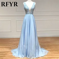 RFYR Sky Blue A-line Evening Dresses Corset Tank V-Neck Tulle Prom Dress with Appliques Vestidos De Noche Long Pleat Party Dress