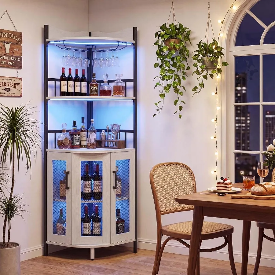 Corner Bar Cabinet, 5Tier Wine Cabinet with Power OutletsandLED Lights
