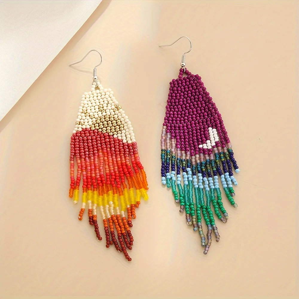 Bohemian Asymmetric Earrings, Star Moon Scenery Tassel Earrings, Handmade Beaded Earrings