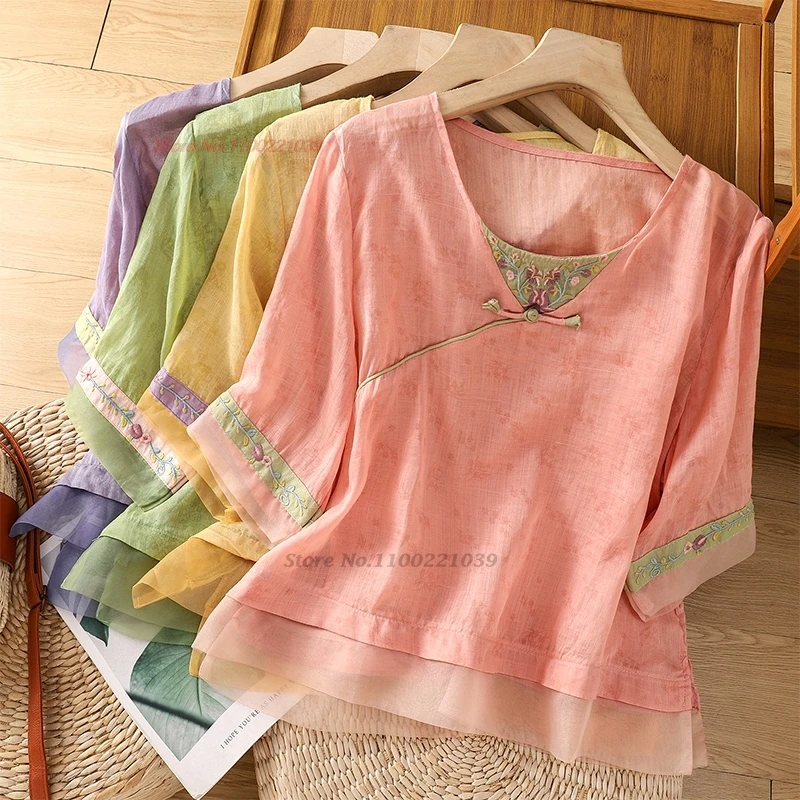 

2024 chinese vintage blouse national flower embroidery improved hanfu tops traditional o-neck folk loose blouse retro streetwear