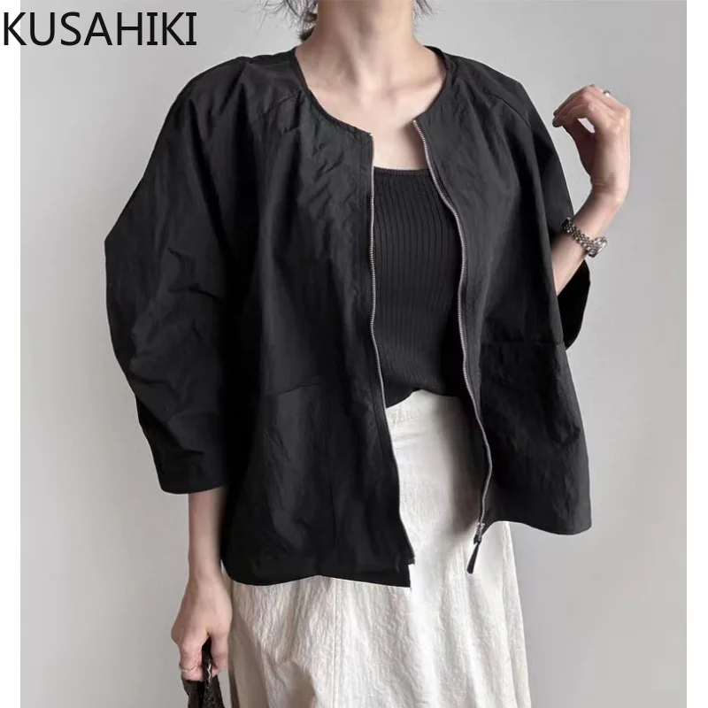 KUSAHIKI 2024 Korean Chic Summer New Casual Thin Solid Color Sunscreen Jacket for Women Round Neck Cardigan Coat