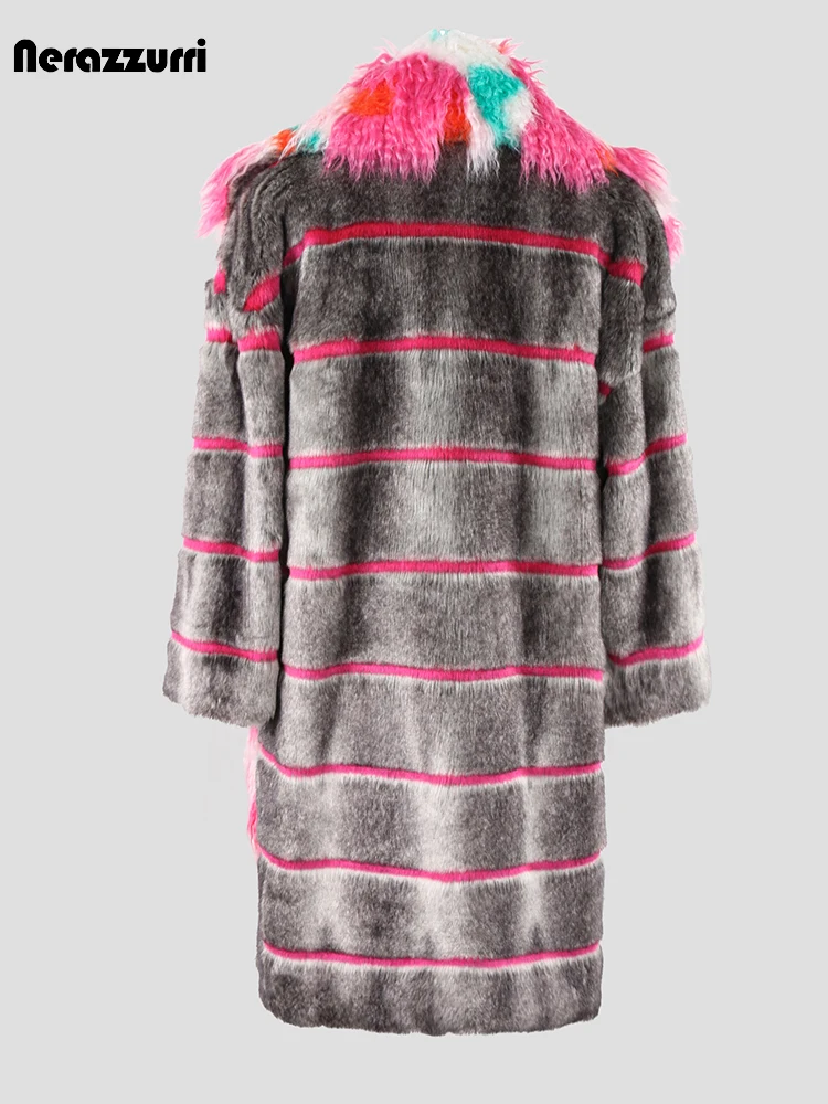 Nerazzurri Winter Long Loose Stylish Warm Soft Fluffy Striped Patchwork Faux Fur Coat Women with Colorful Big Collar and Pockets