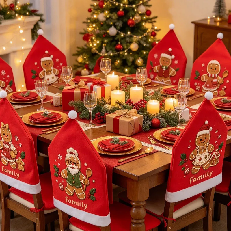 1Set Christmas Chair Covers Red Non Woven Fabric Chair Back Covers Holiday Dining Room Home Christmas Dinner Party Decor