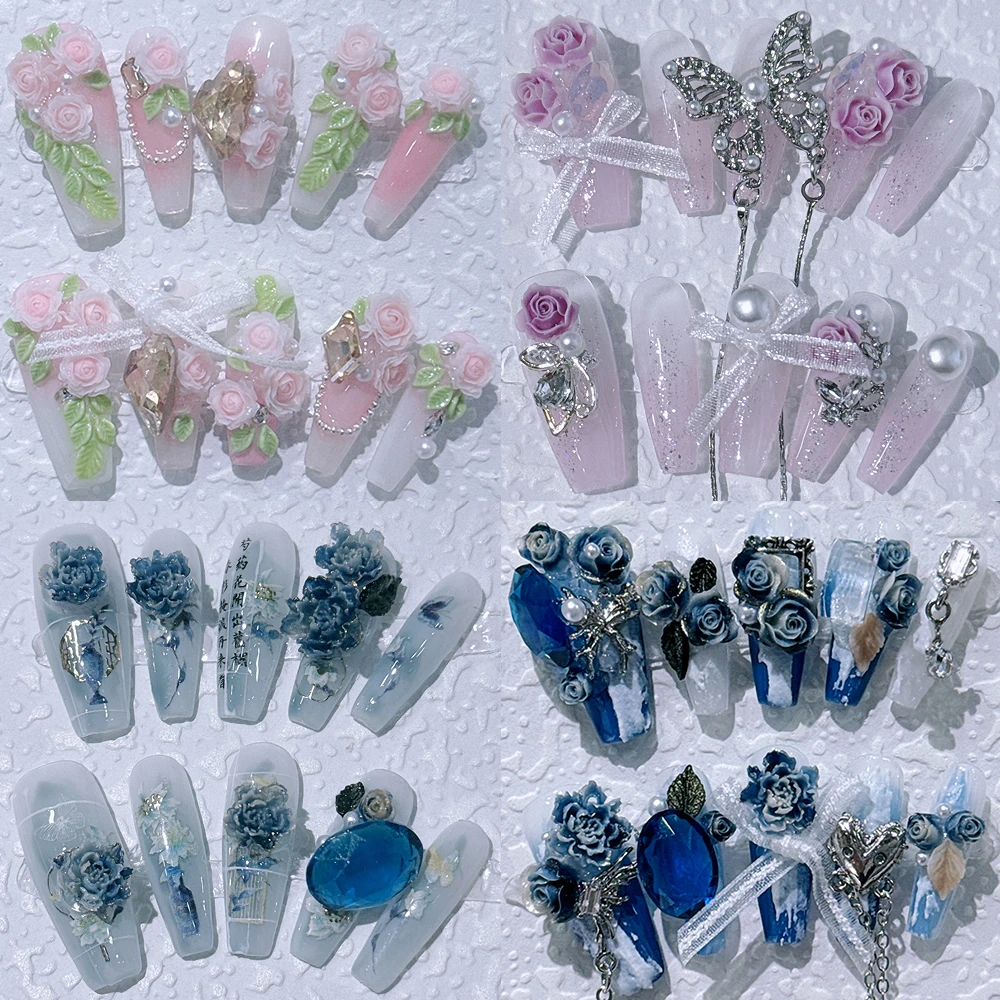 

Handmade Summer Flower Sea Full Cover Nails Rich In Color 3D Flower Butterfly Designs Long Ballerina Detachable Fake Nails Gift