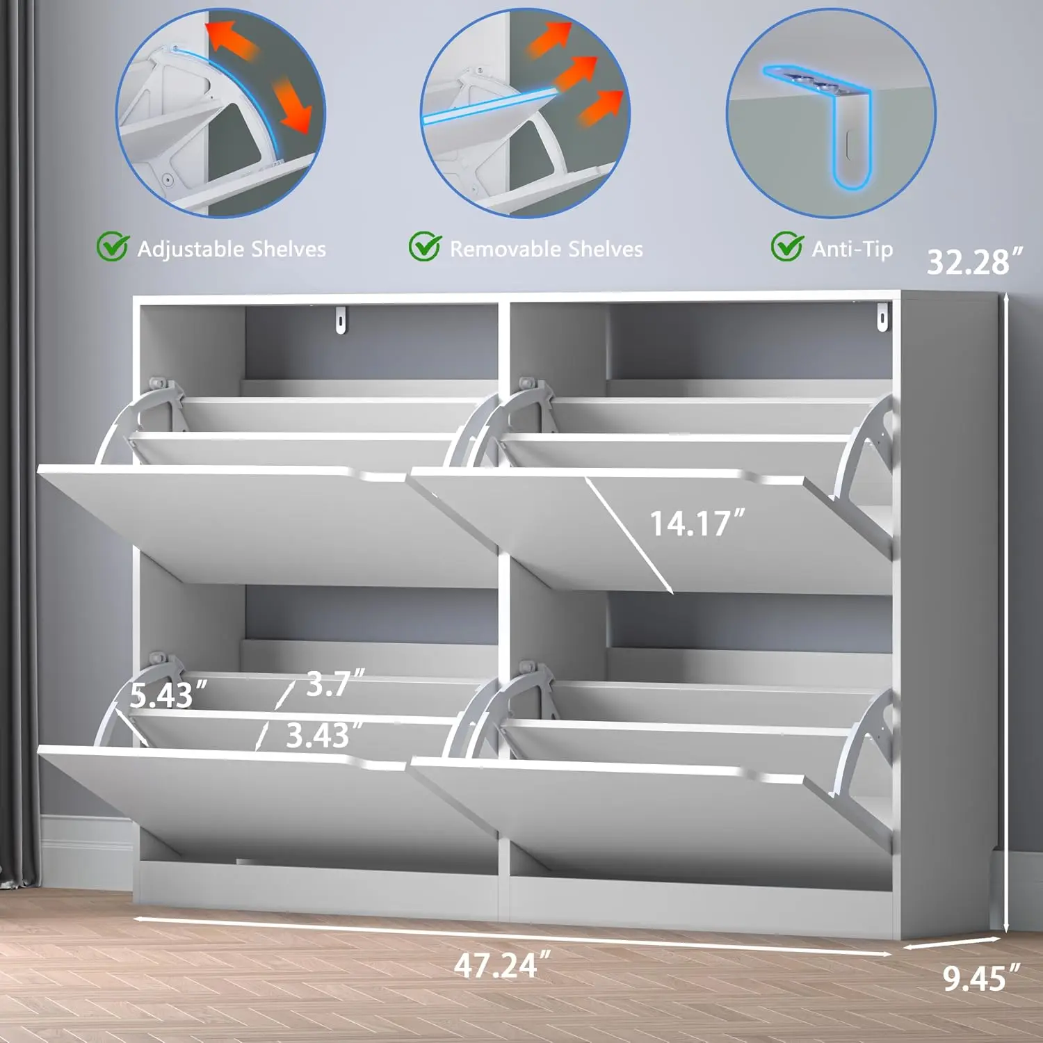 Narrow Hidden Shoe Cabinet with 4 Flip Drawers, Slim Freestanding Entryway Shoe Organizer, Customized