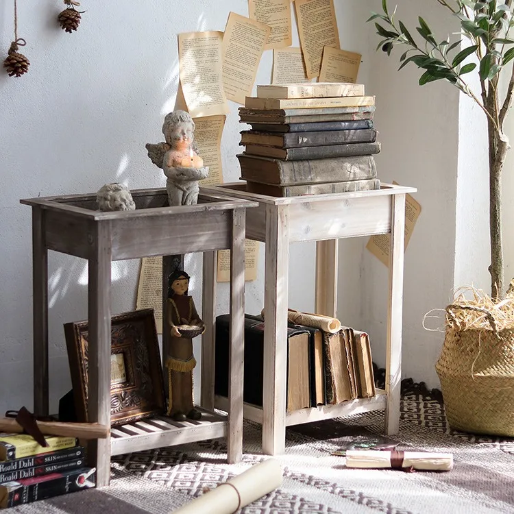 Retro wood multi-functional flower stand, flower table decoration combination, multi-layer storage rack, garden balcony