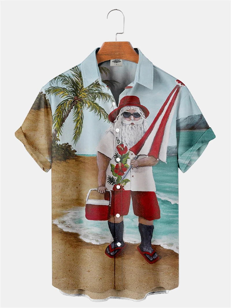 Homens e mulheres Feliz Natal 3D Gráfica Camisas, Engraçado Estampado Papai Noel, Camisa Casual, Moda Havaiana, Bonita Blusa de Praia, Lapela Tops