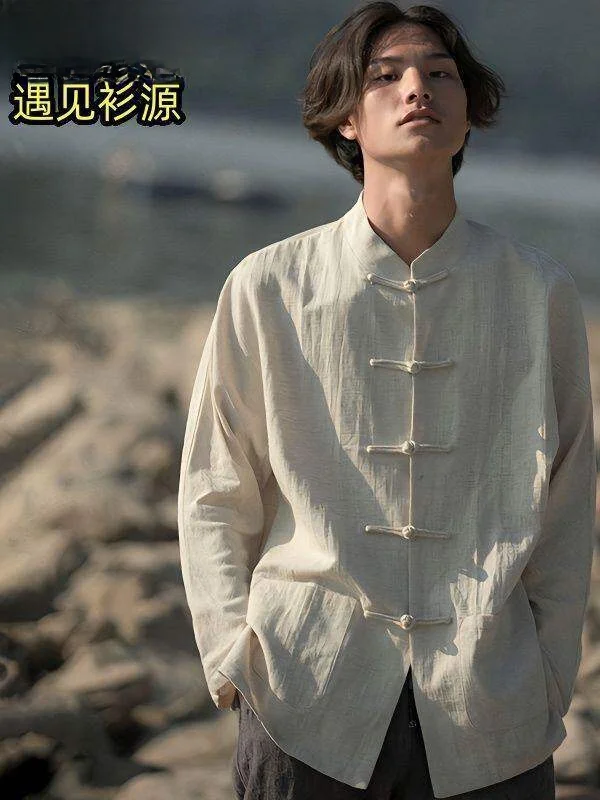 

Men's Retro Cotton Linen Shirt Long Sleeve Stand Collar Traditional Chinese Style Clothing Autumn Fashion Casual Male Wear