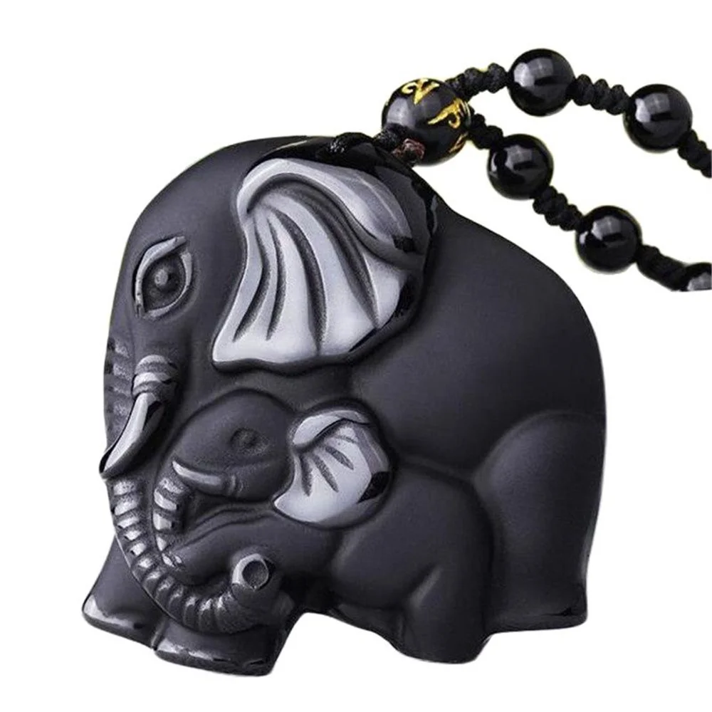 Charm Natural Black Obsidian Carved Chinese Handwork Cute Elephant Lucky Pendant Amulet Beads Necklace Trendy Gift Jewelry