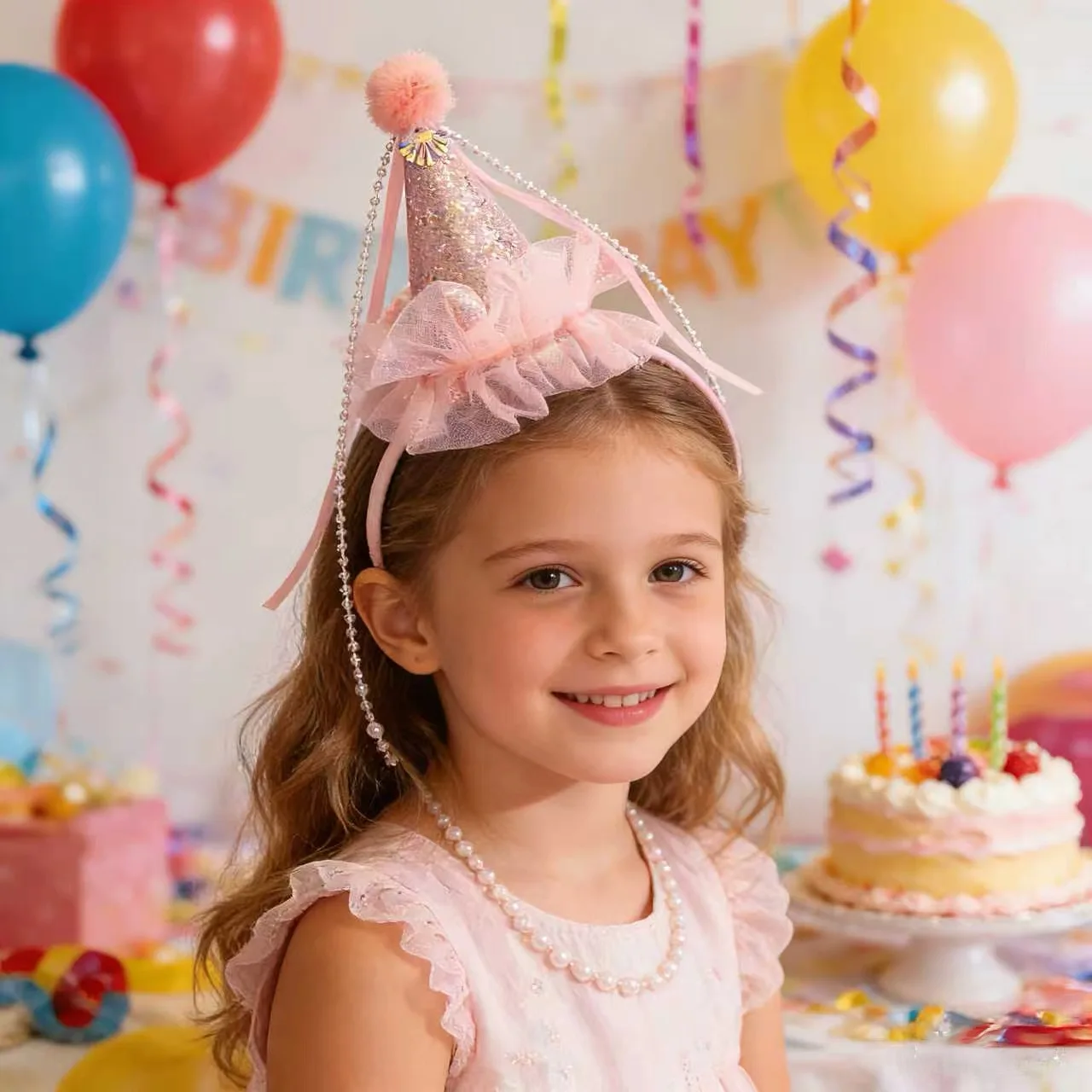 2026 New Pink Glitter Birthday Crown Headband Pom-pom Sparkly Princess Hair Accessories For Girls Toddler Party Photo Prop Gift