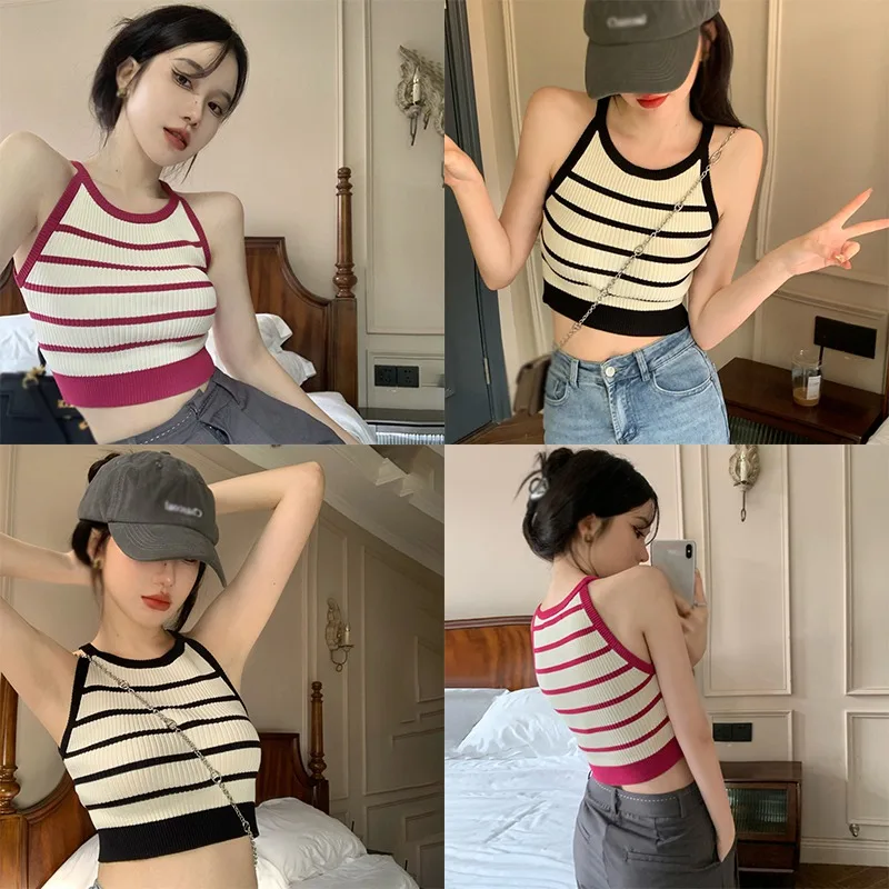 Women Summer Korean Suspenders Top Slim Retro Slim Fit Knitted Halterneck Stripes