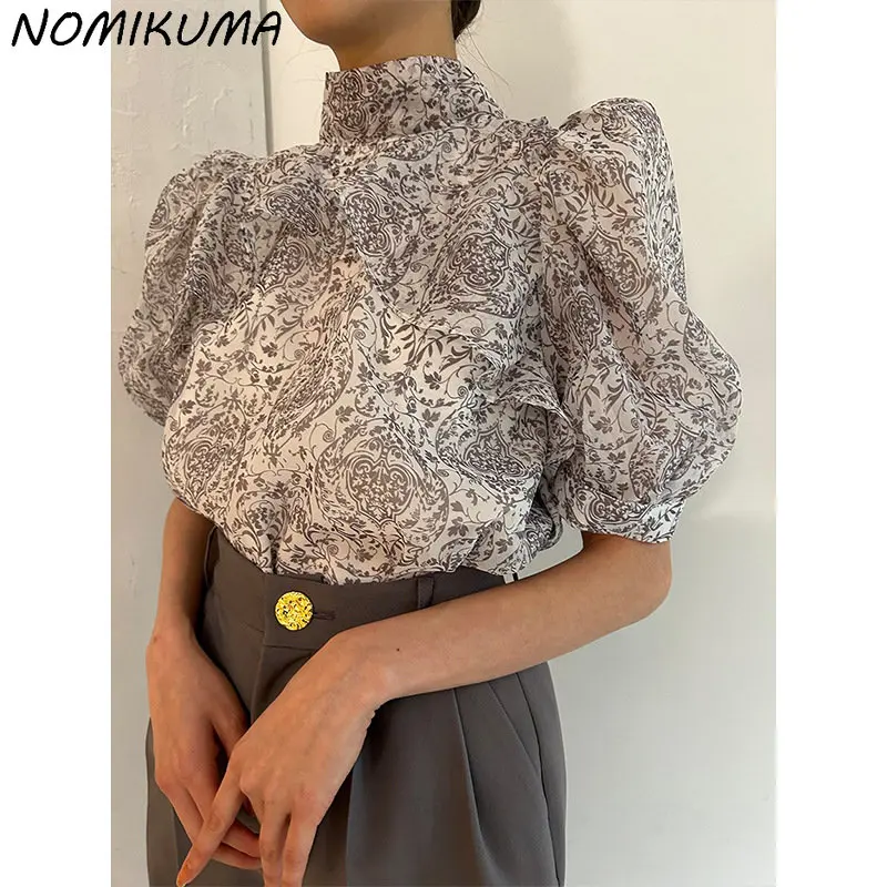 Nomikuma Women Blouse Japan Style 2023 Summer New Printing Blusas De Mujer Chic Puff Sleeve Stand Neck Bow Bandage Chiffon Tops