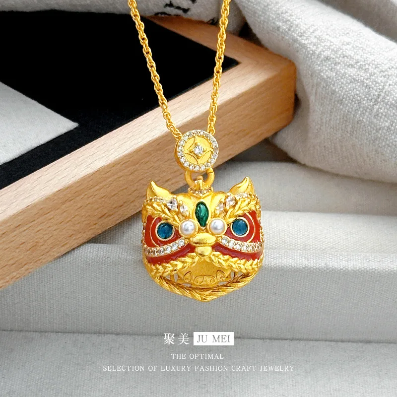

9999 24K Real Gold Diamond-Inlaid Enamel Lion Dance Pendant Necklace Accessories for Women Light Luxury Niche Collarbone Chain