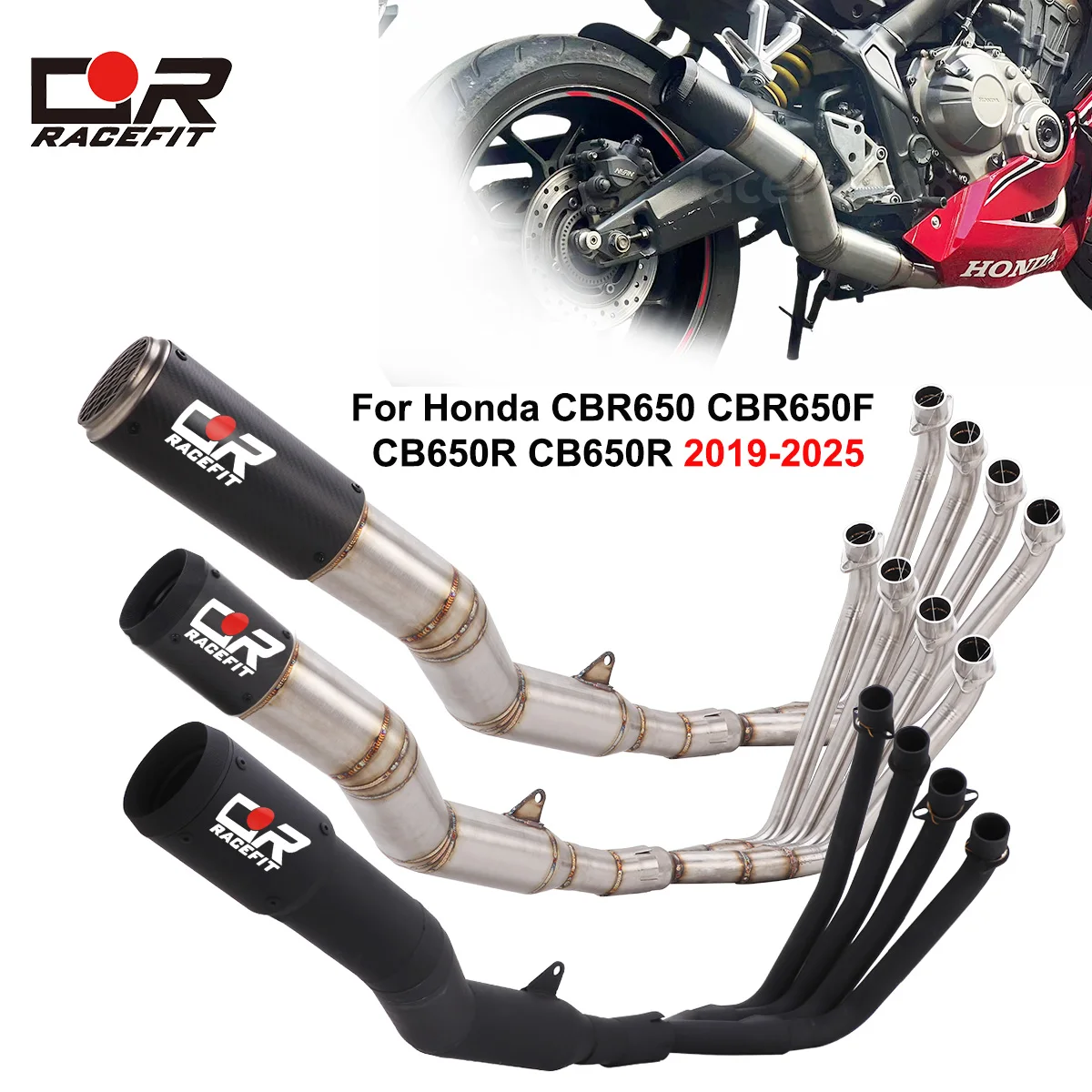 

Exhaust Full System For Honda CBR650 CBR650F CB650R / R 2014-2025 Front Link Pipe 76mm Escape Moto Carbon Muffler No Baffle