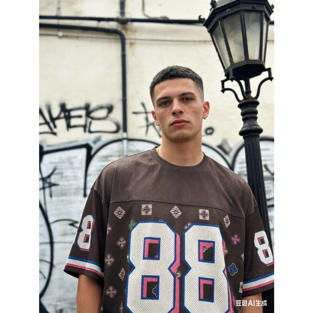 Men Summer T Shirt 88 Monogram Print Jersey Tee Casual Short Sleeve Mesh Crewneck Top Retro Sporty Streetwear Loose Fit Tops