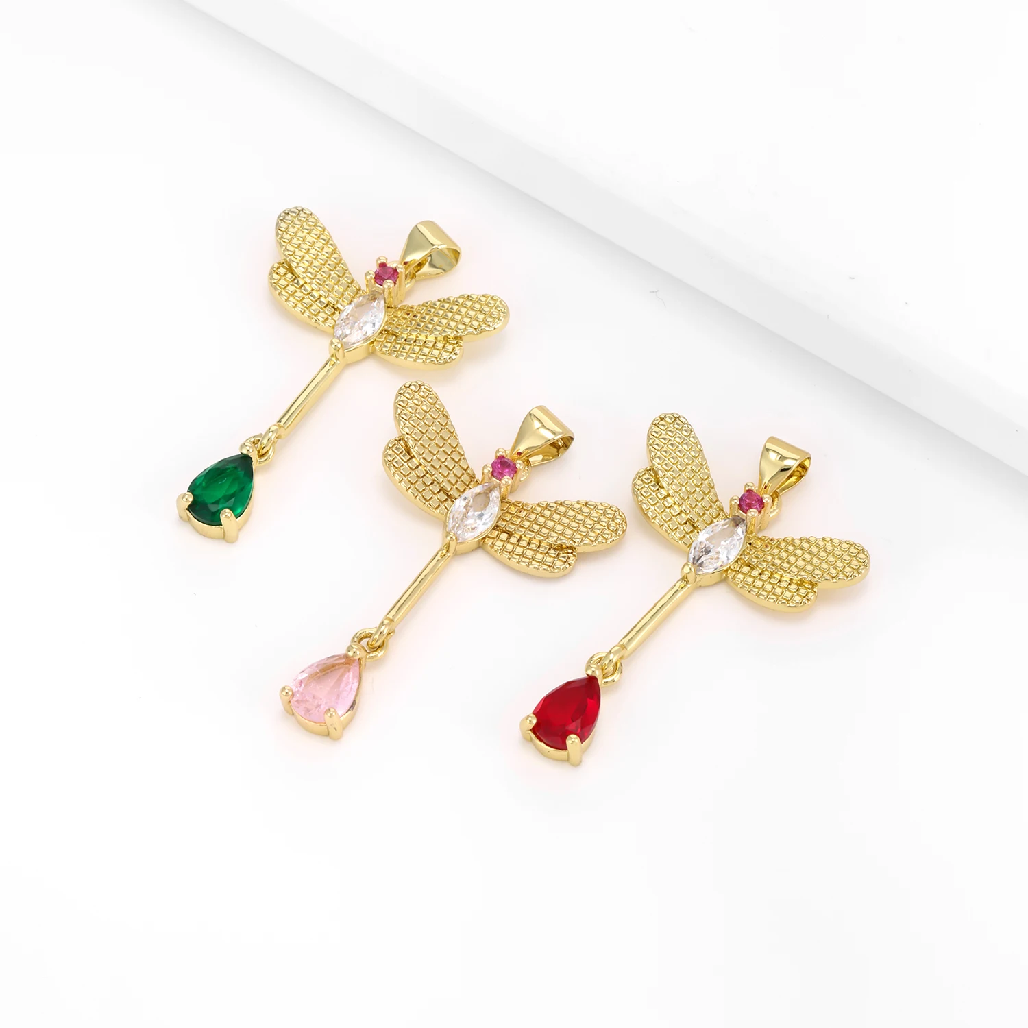 Elegant Red/Pink/Green Crystal Dragonfly Pendant Vivid Copper Jewelry Nacklace Accessories Dinner Party For Women Gift Wholesale