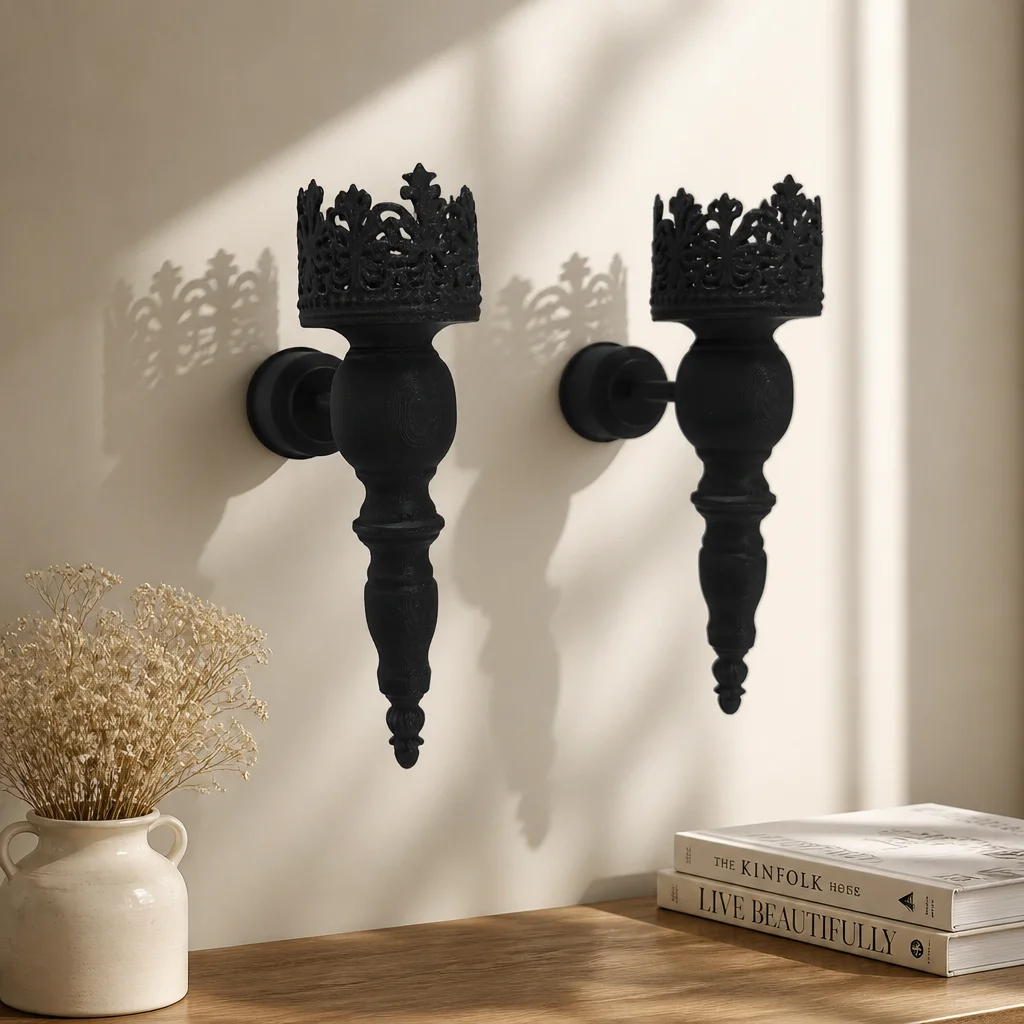 Gothic Black Crown Wall Candle Sconce, Vintage Ornate Wall Mounted Candlestick Holder, Retro Dark Wall Decor for LED Electronic