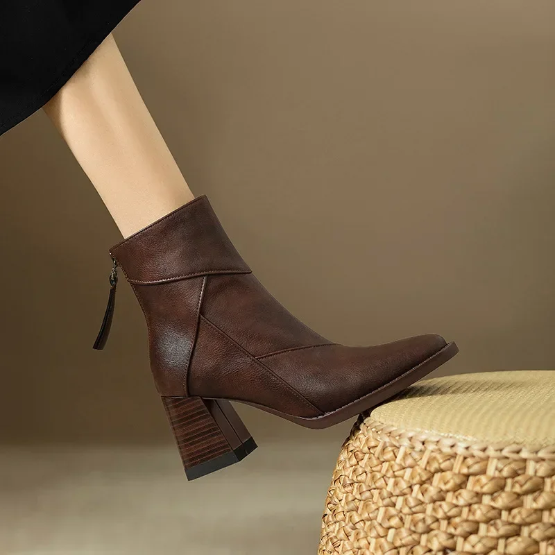 

Woman Chunky Ankle Boots Women Zipper Retro Brown Soft Leather Short Boot Autumn New Square Toe Casual High Heel Booties