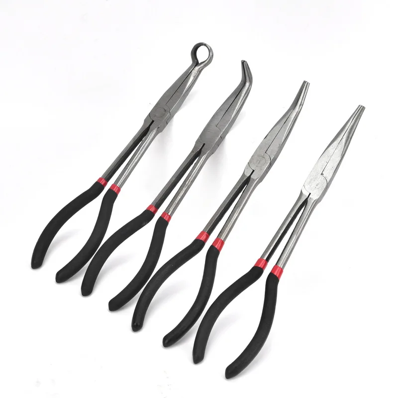 O-shaped clamping spark plug power-off 4PCS set of extended pointed pliers, extended handle pointed nose, curved nose pliers