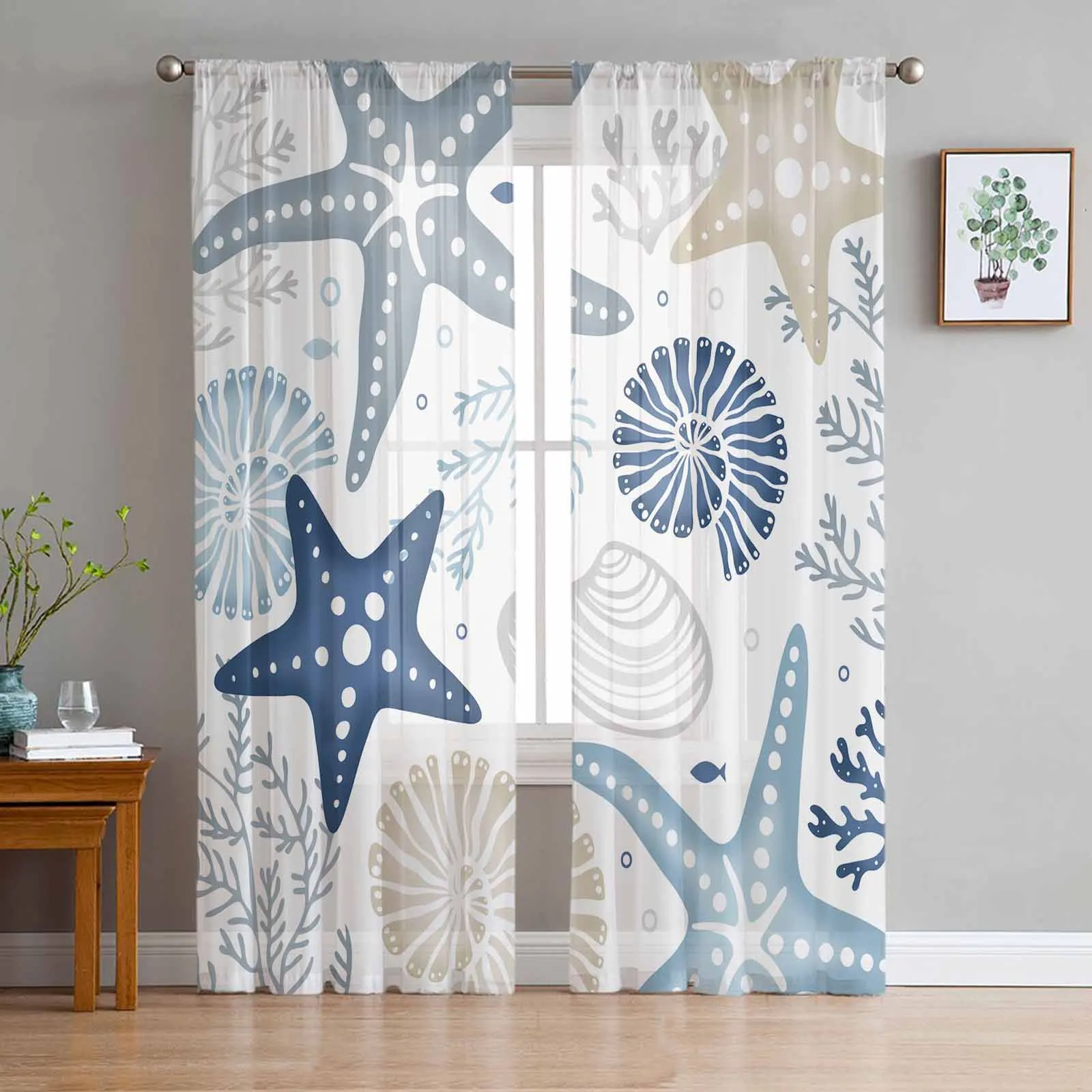 Summer Ocean Coral Sea Star Shell Blue Khaki Sheer Curtains Modern Gauze Curtain for Living Room Bedroom Voile Yarn Curtains