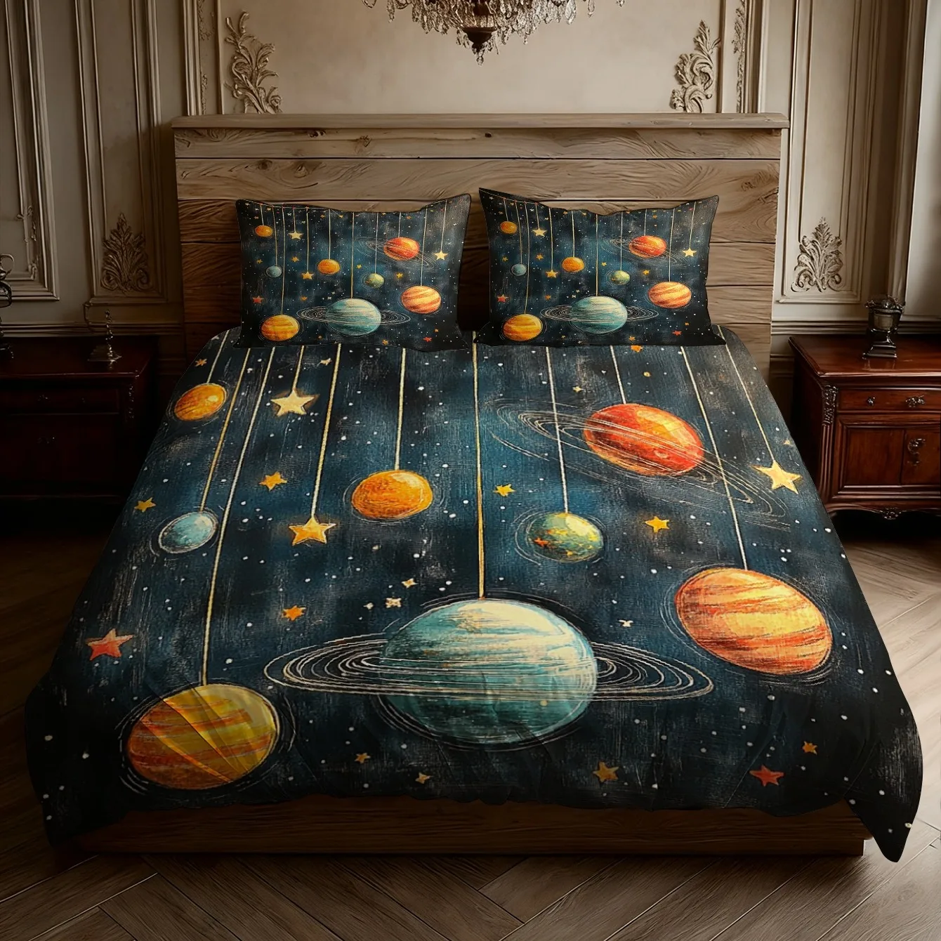 Deep Blue Duvet Cover Set with Starry Sky & Planet Print - Romantic Bedroom Decor for Valentine's Day & Christmas