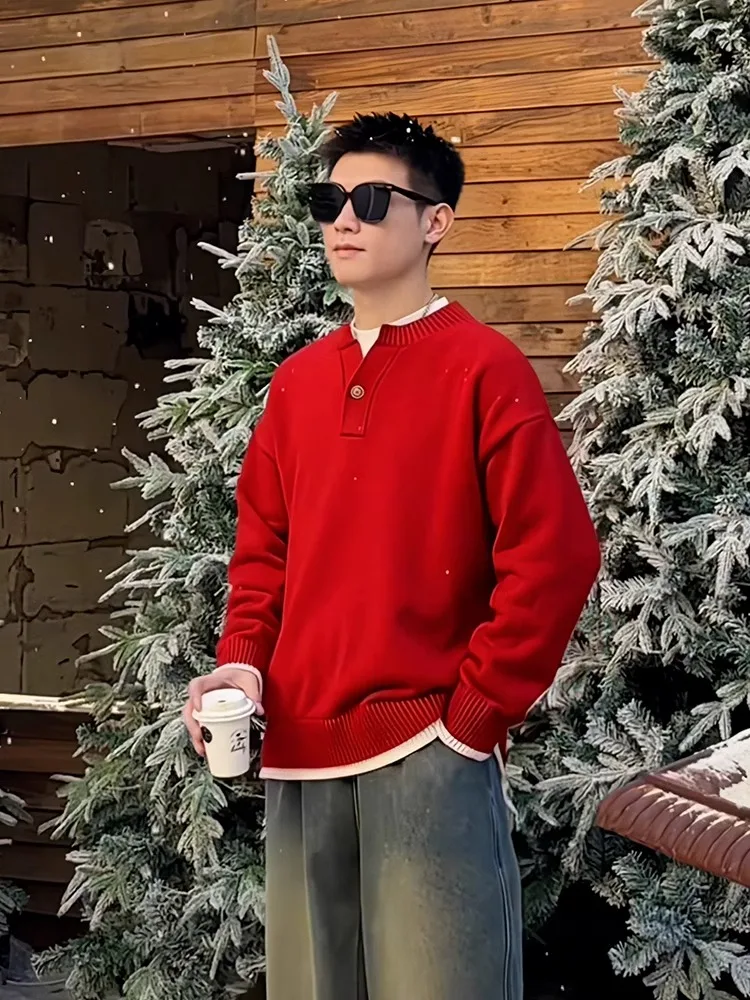 

Spring Design Henry Collar Knitwear Men's Sle Red Cisas Base irt Top Faion Urban Youth Long Sve Crew Ne