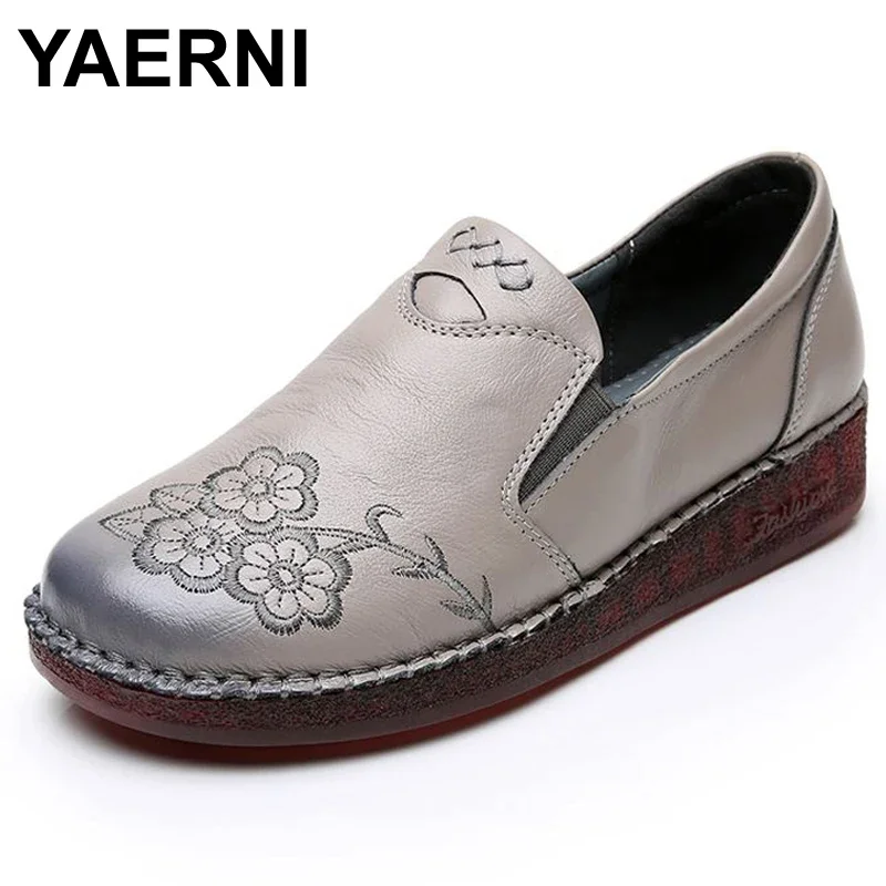 YAERNI Fashion Women Flats Embroidered Flowers Handmade shoes Woman Loafers Genuine Leather Comfort Casual Women\'s shoes