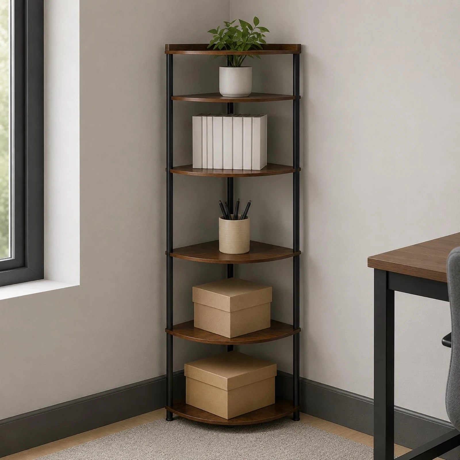4-Tier Corner Shelf Antique Finish Corner Shelf Unit Storage Furniture Compact Wood-Look