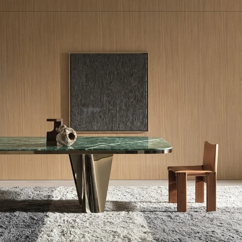 Italian Minimalist Green Marble Long Dining Table with Solid Wood Base Hardware Versatile Desk Tea Table Integration