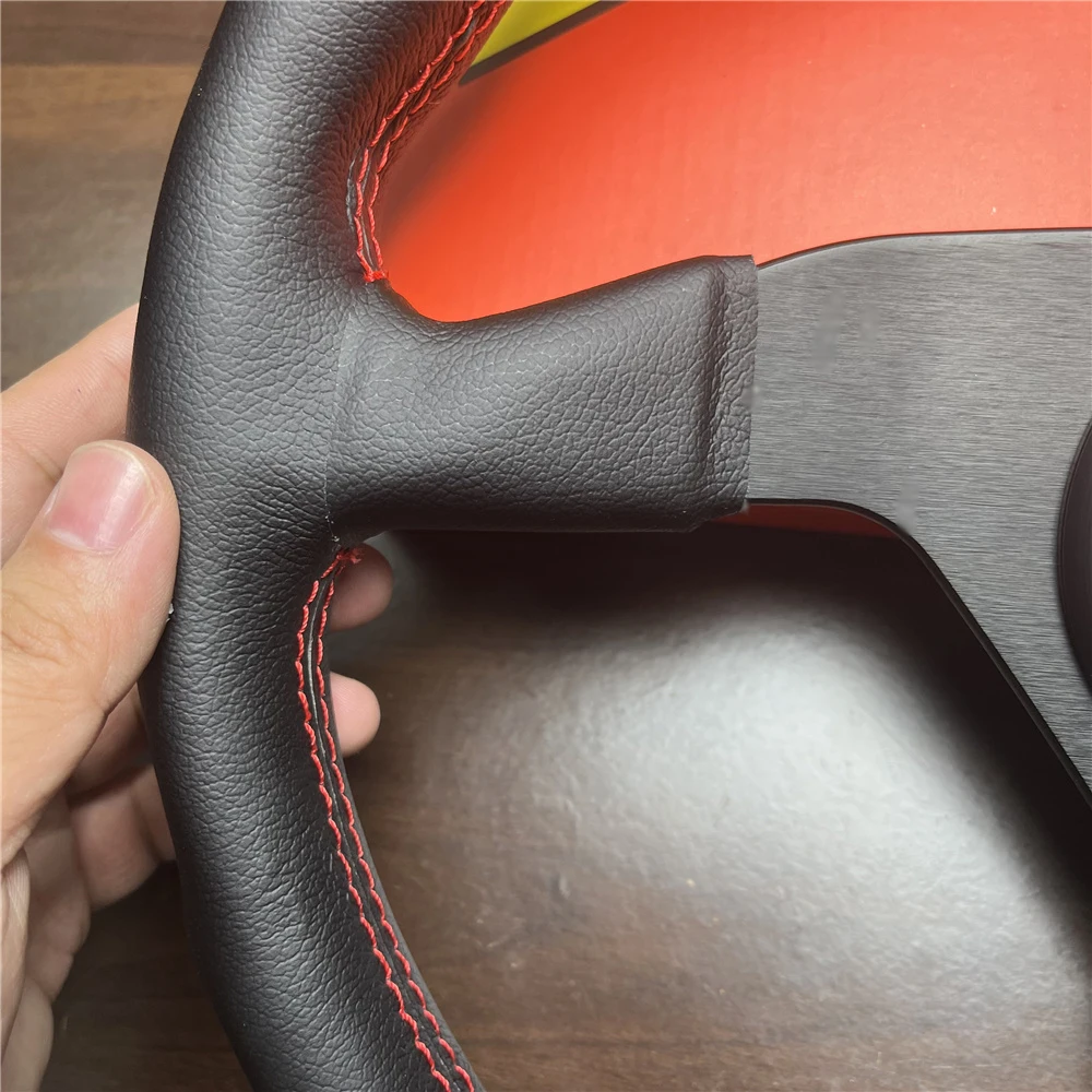 14 inch Genuine Leather Steering Wheel MOMO Racing Universal Black Steering Wheel Red stitching