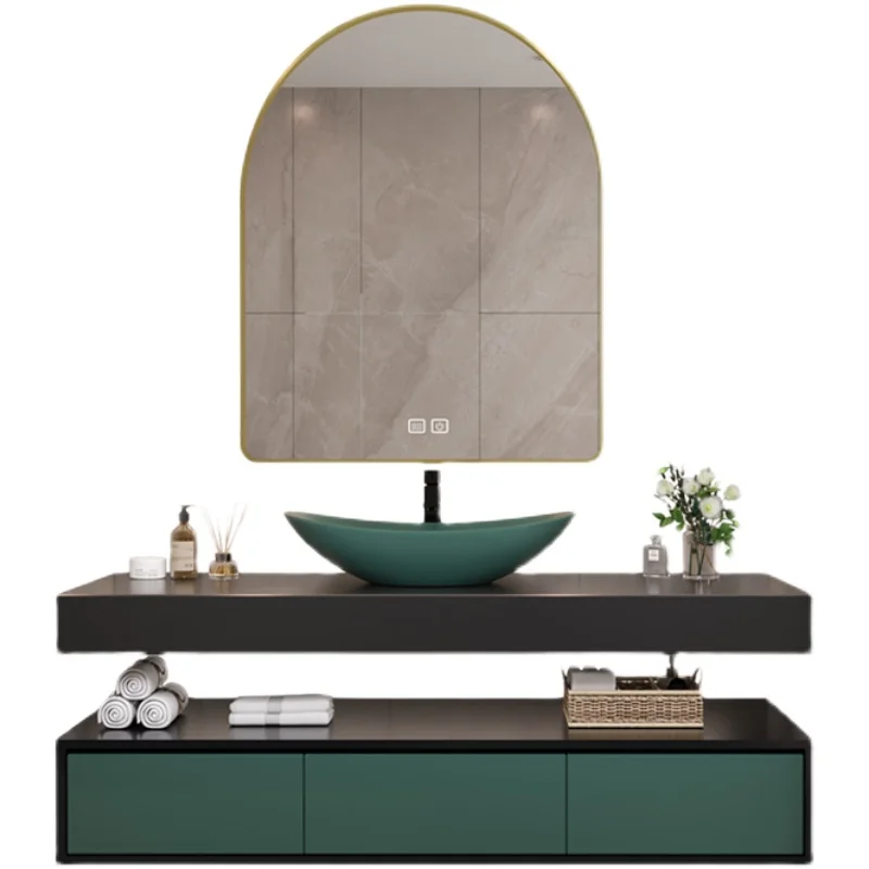 Stone Plate Double Layer Bathroom Cabinet Combination Solid Wood Washbasin Bathroom Washstand Sink Table Basin