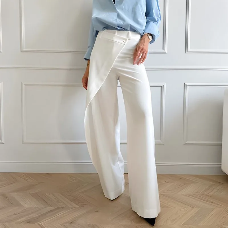 

QWEEK White Elegant Woman Suit Pants Baggy Casual Office Lady Patchwork Wide Leg Trousers America Style High Waist Pantalones