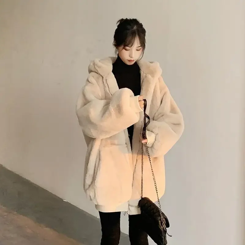 Y2K women\'s winter imitation rex rabbit fur plush coat mid-length large size loose thickened hooded women\'s solid color coat ins