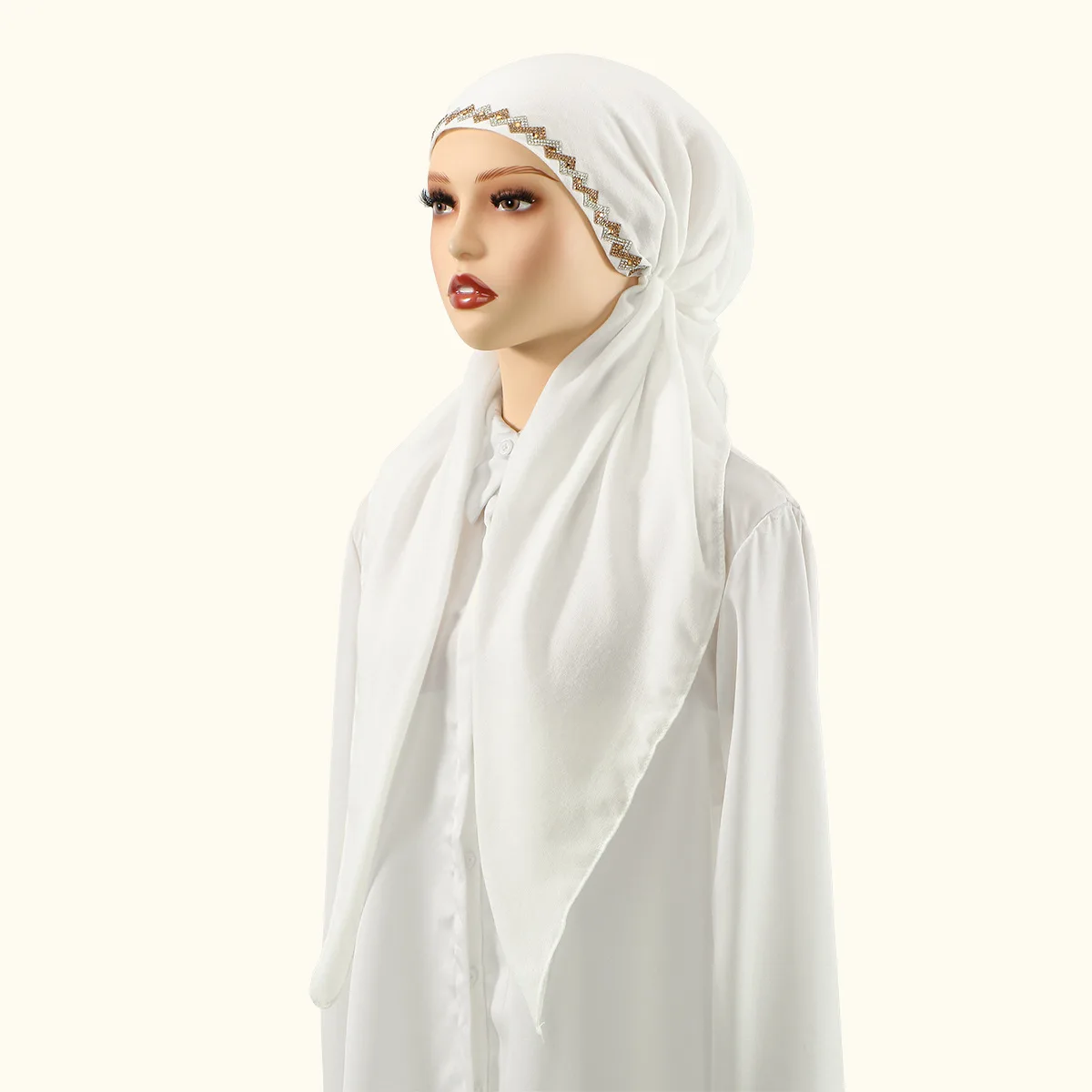 

Ramadan Muslim Women's Hijab Shawl, Casual Wrap Headscarf, Arched Wavy Pattern Diamond Shape with Hot-Fix Rhinestones Turban