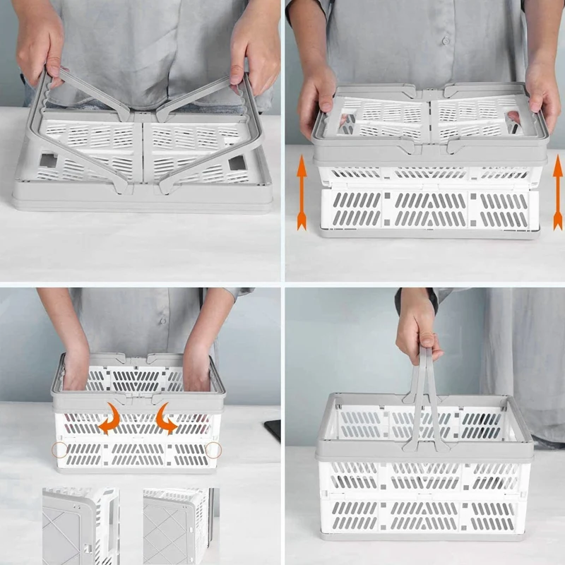 Caixas de armazenamento dobráveis de plástico de 2 pces com alças, cestas de compras dobráveis empilháveis, caixas organizadoras do recipiente da utilidade
