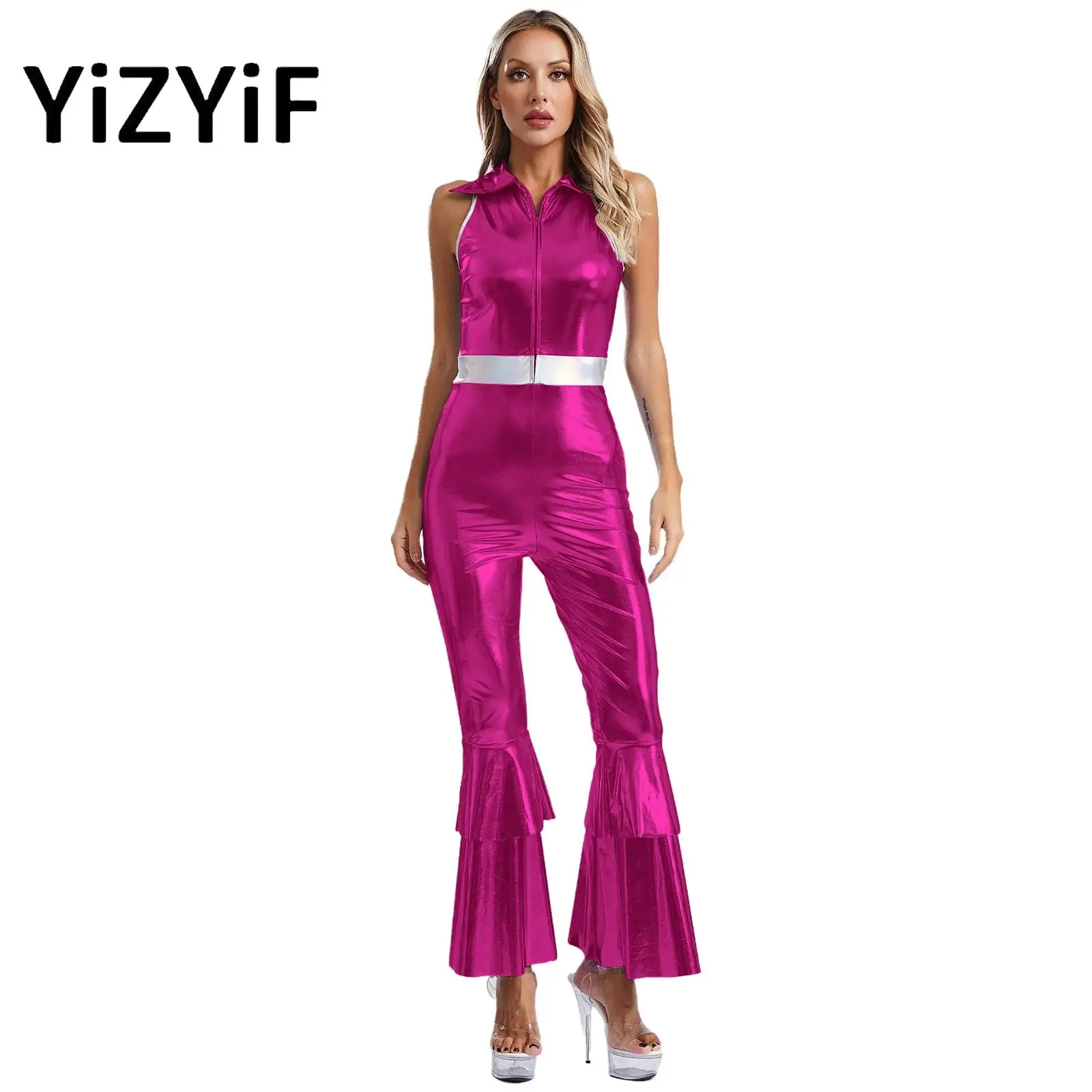 

Women Shiny Metallic Flared Jumpsuit 70s Disco Costume Lapel Collar Sleeveless High Waist Disco Dance Singer Costume