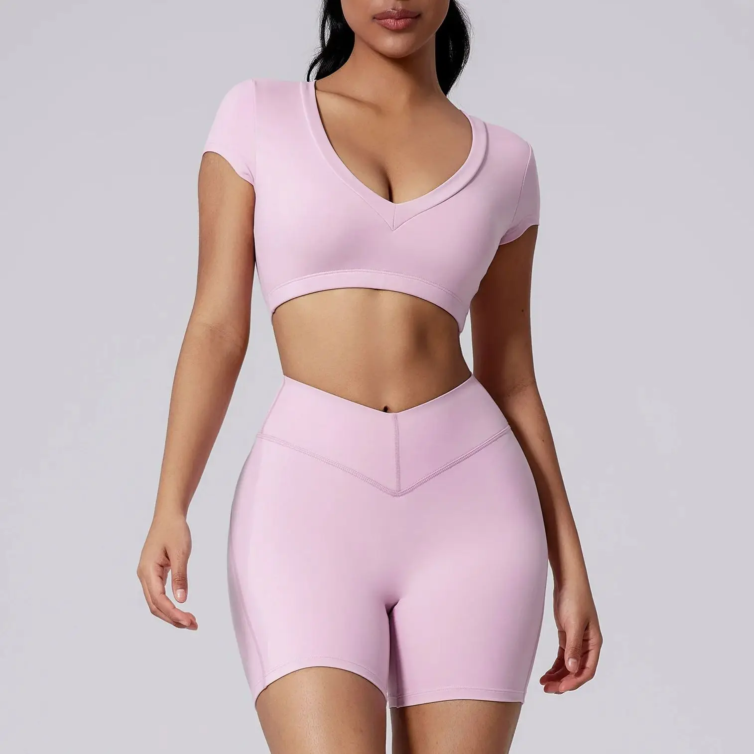 Women Outdoor Sports Sets Deep V Crop Tops Shorts Tracksuits Gym Running Training Yoga Suits Tops Short Leggins Tights 2 Pieces