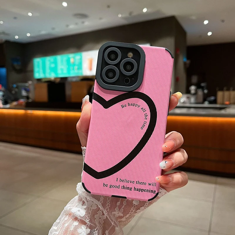 Fashion Black Letter Love Heart Pink Soft Phone Case For iPhone 15 14 13 12 11 Pro Max X XR XS Max 7 8Plus 15 14Plus 12 13Mini