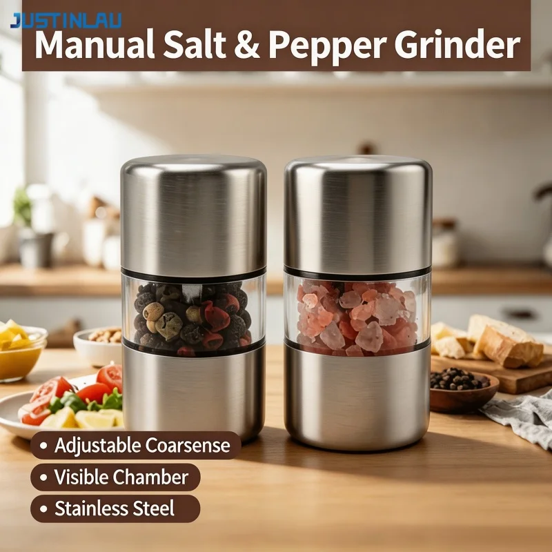 JUSTINLAU Manual Salt Pepper Grinder Mini Portable Spice Mill Stainless Steel Grinder for Rose Salt Peppercorn Herb Kitchen Tool