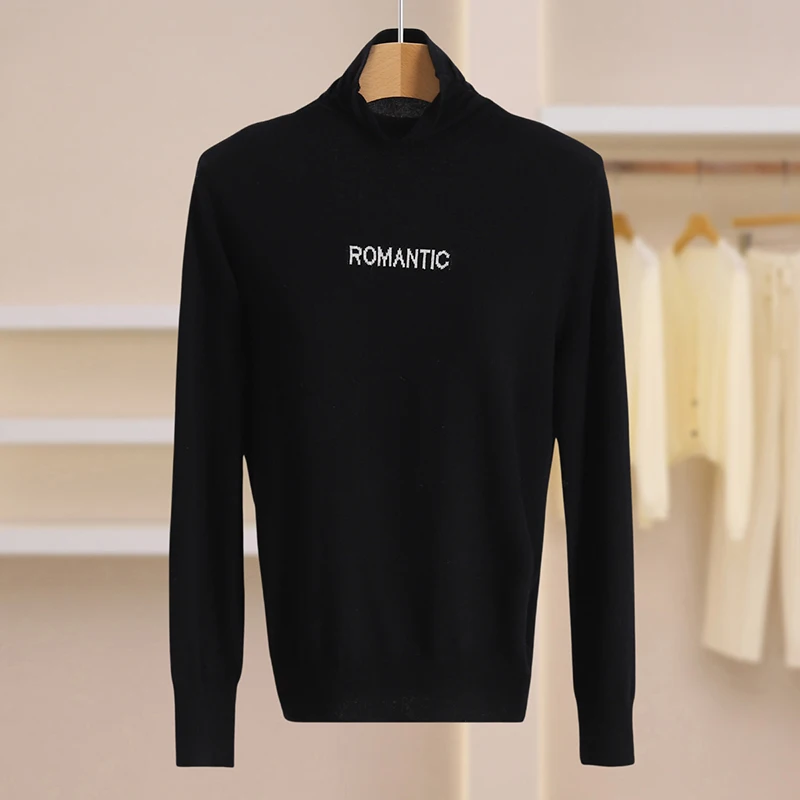 Casual Letter f-High Collar Slim Fit Knitted Sweater Women's Base Layer Winter Faion Commute Sle Long Sve Top