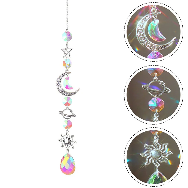 20cm Sunshine Moon Catcher Gardening Craft Bedroom Decoration Silver Spike Beads Star Double Heart Crystal Pendant