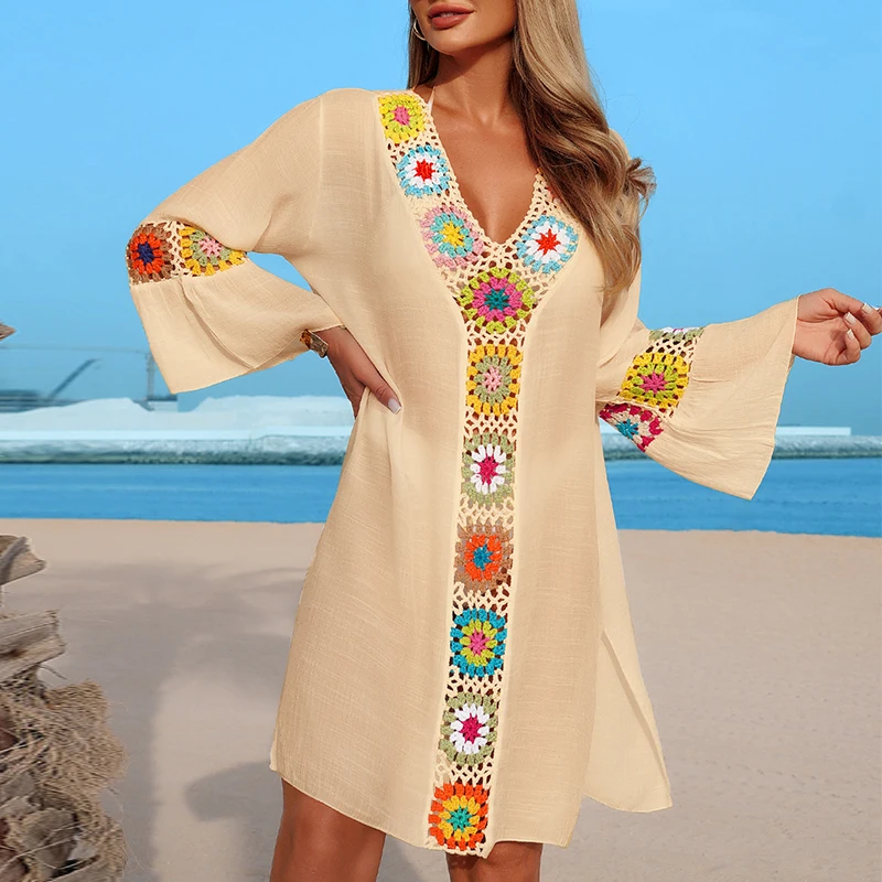 اليد الكروشيه متعدد الألوان زهرة كتلة بحر التستر عطلة الشاطئ عادية انظر من خلال فستان ميدي تنفس واقية من الشمس سموك