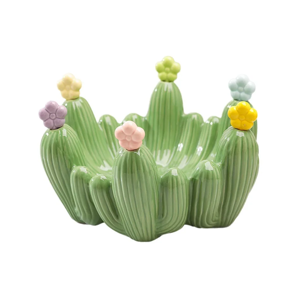 Creative Design Cactus Fruit Bowl Stainless Steel Forks Multi-purpose Fruit Basin Fork Set Reusable Nordic Style