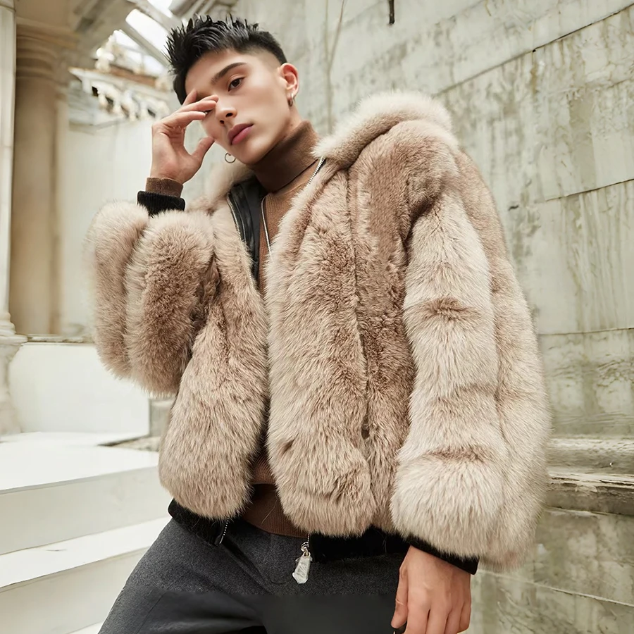 

Men's Fox Fur Coat With Hood Natural Fur Zippered Bomber Jacket Genuine Leather Jacket Luxury Short Real Fur Coat