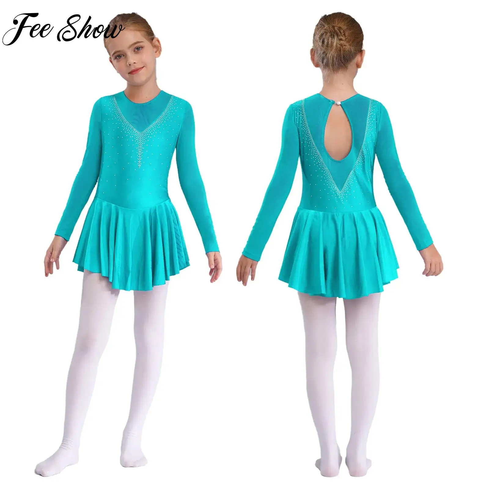 Figure Skating Dress for Kid Girl Performance Costumes Long Sleeve V Shape Rhinestone Hollow Back Ballet Gymnastics Leotad Dress